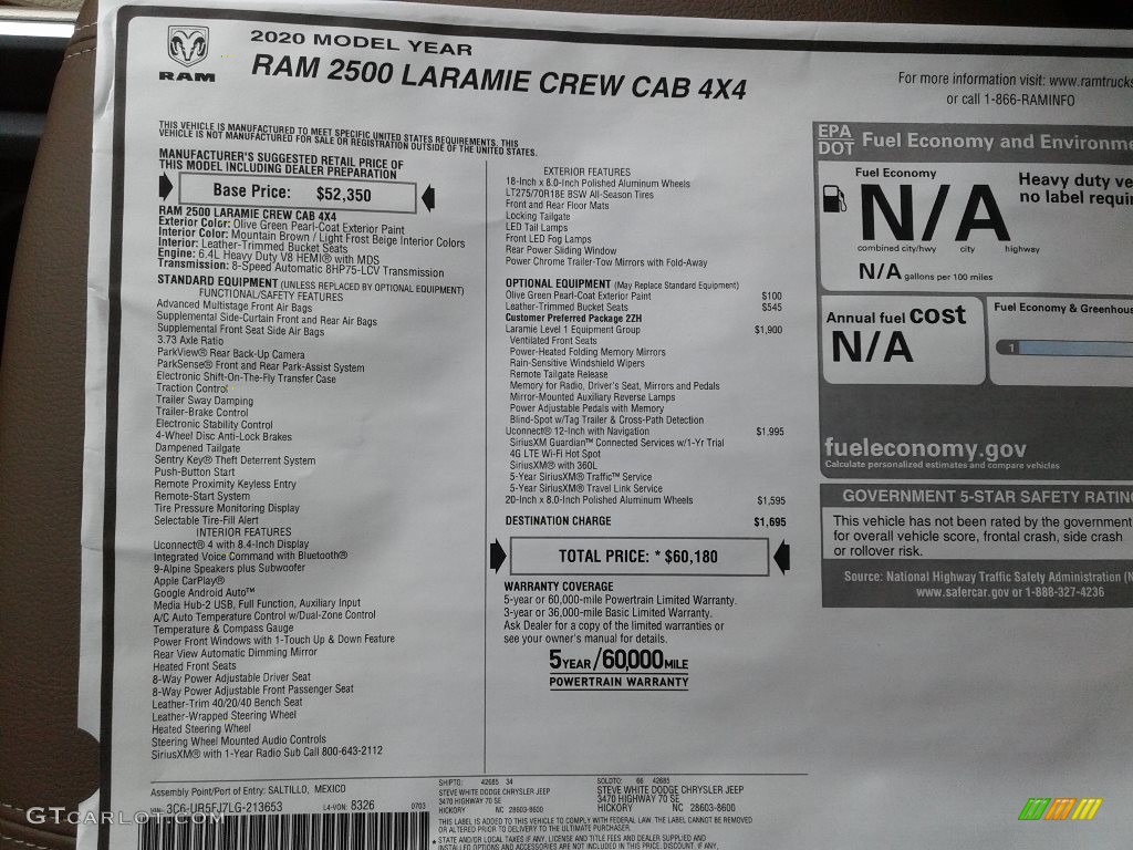 2020 Ram 2500 Laramie Crew Cab 4x4 Window Sticker Photo #139107931