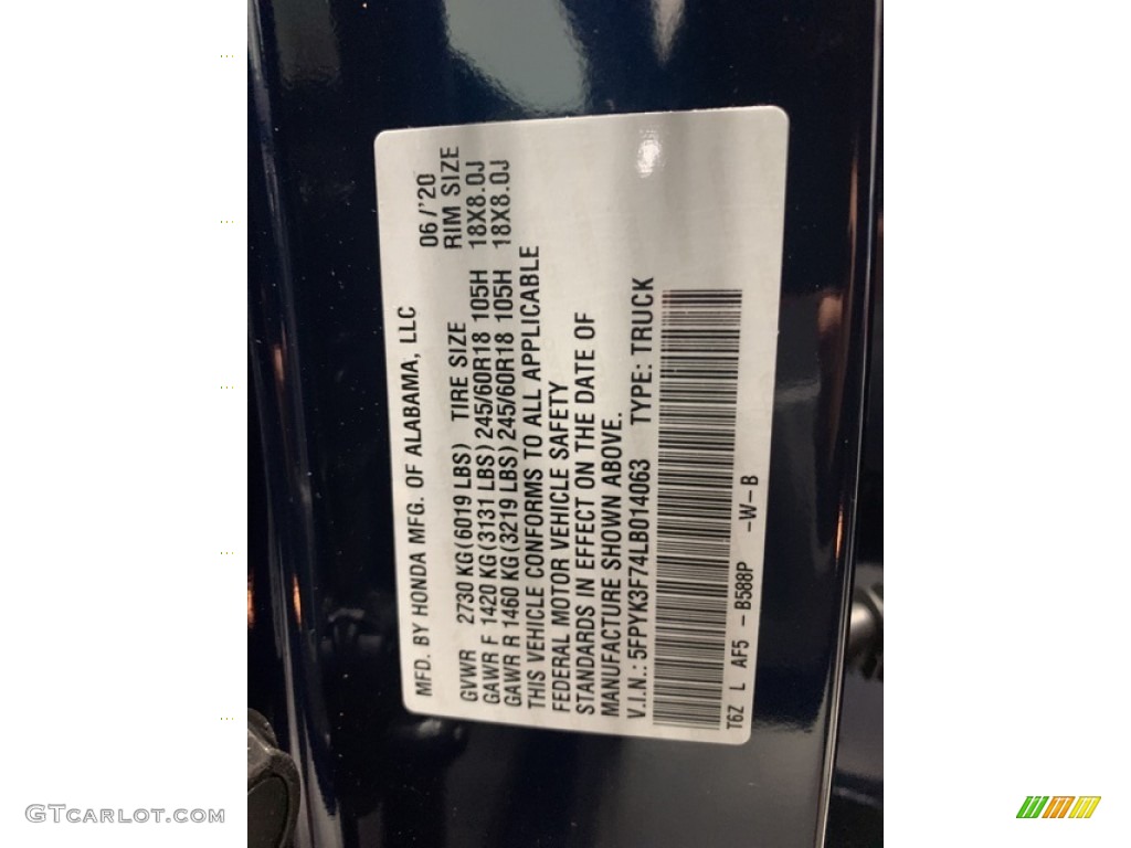 2020 Ridgeline Color Code B588P for Obsidian Blue Pearl Photo #139112656