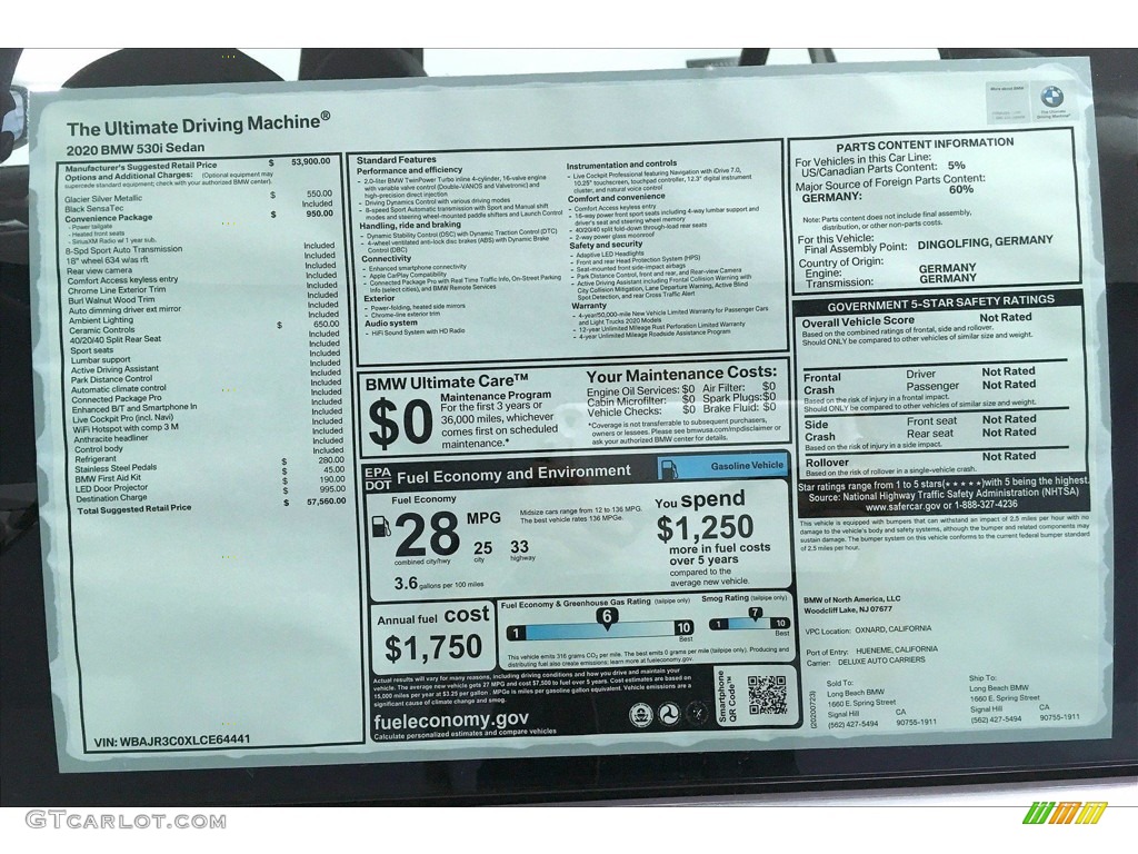 2020 BMW 5 Series 530i Sedan Window Sticker Photos