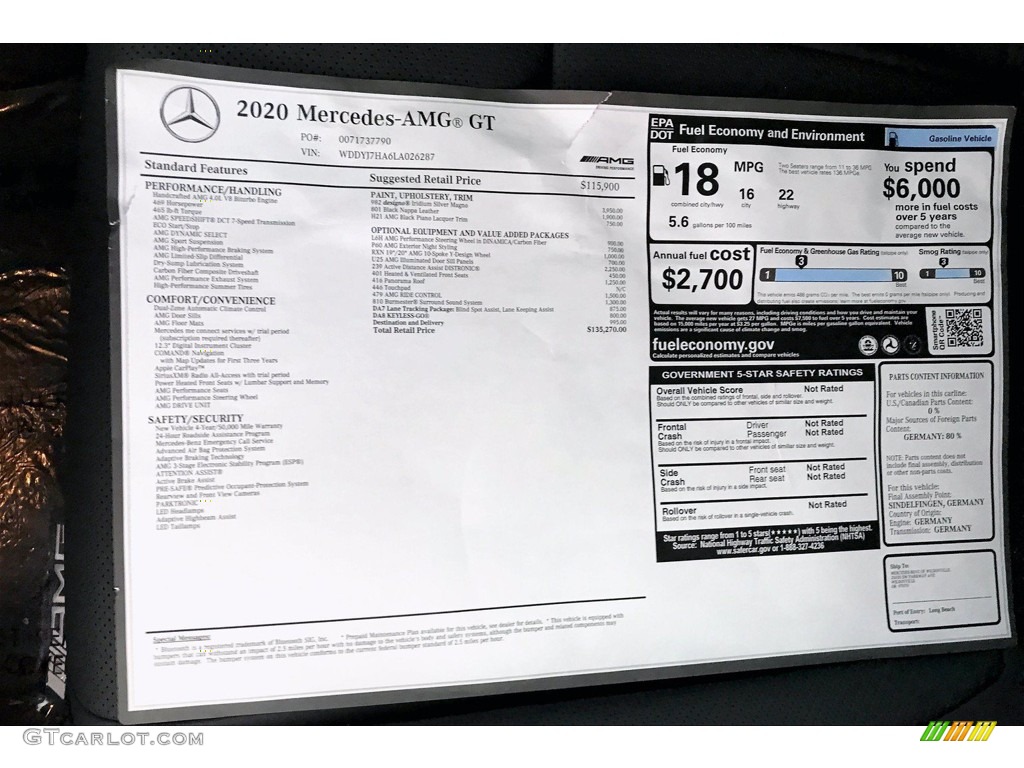 2020 Mercedes-Benz AMG GT Coupe Window Sticker Photo #139126935