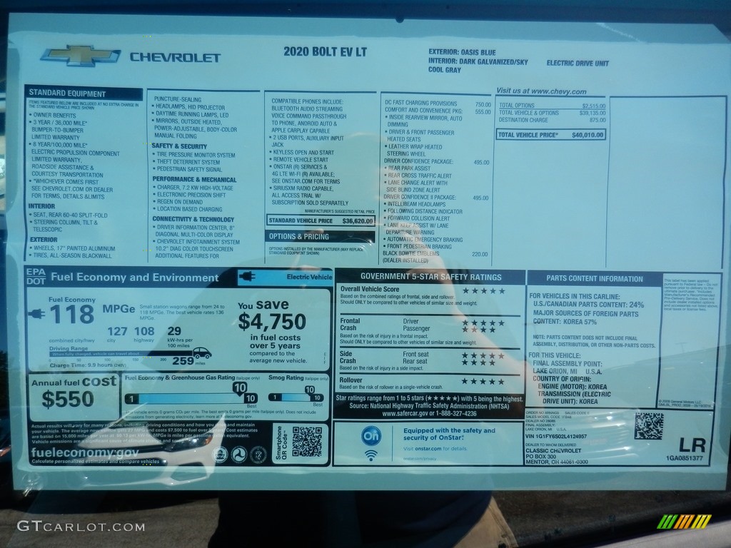 2020 Chevrolet Bolt EV LT Window Sticker Photo #139138733