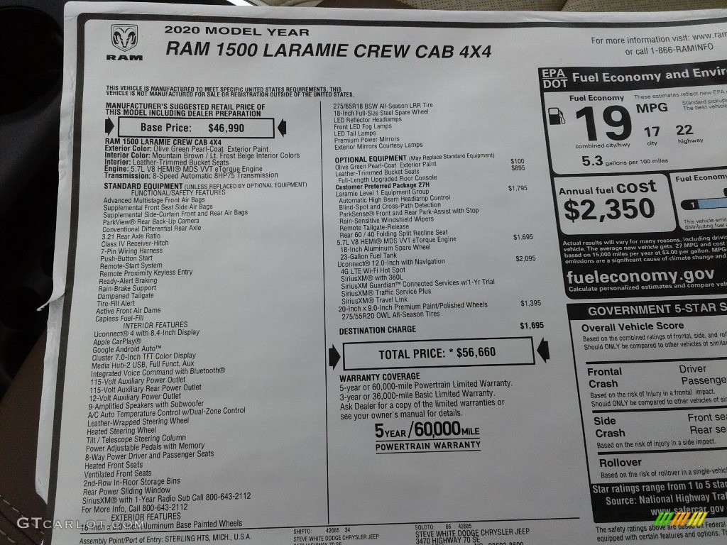 2020 Ram 1500 Laramie Crew Cab 4x4 Window Sticker Photo #139158580