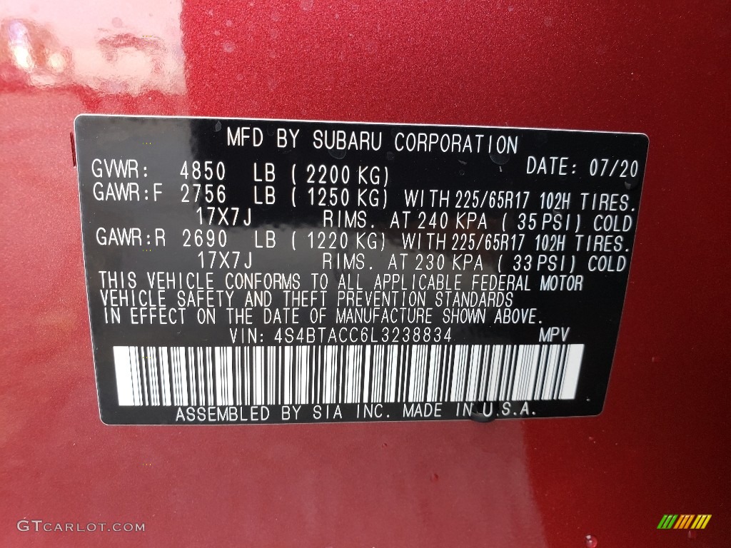 2020 Outback 2.5i Premium - Crimson Red Pearl / Slate Black photo #10