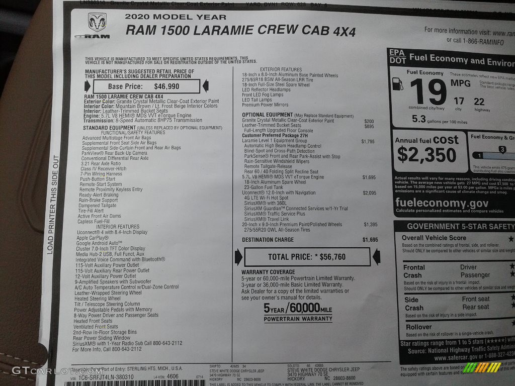 2020 Ram 1500 Laramie Crew Cab 4x4 Window Sticker Photo #139159479