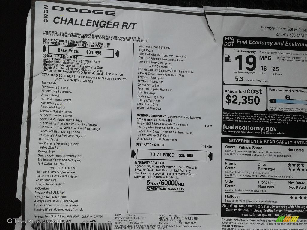 2020 Dodge Challenger R/T Window Sticker Photos