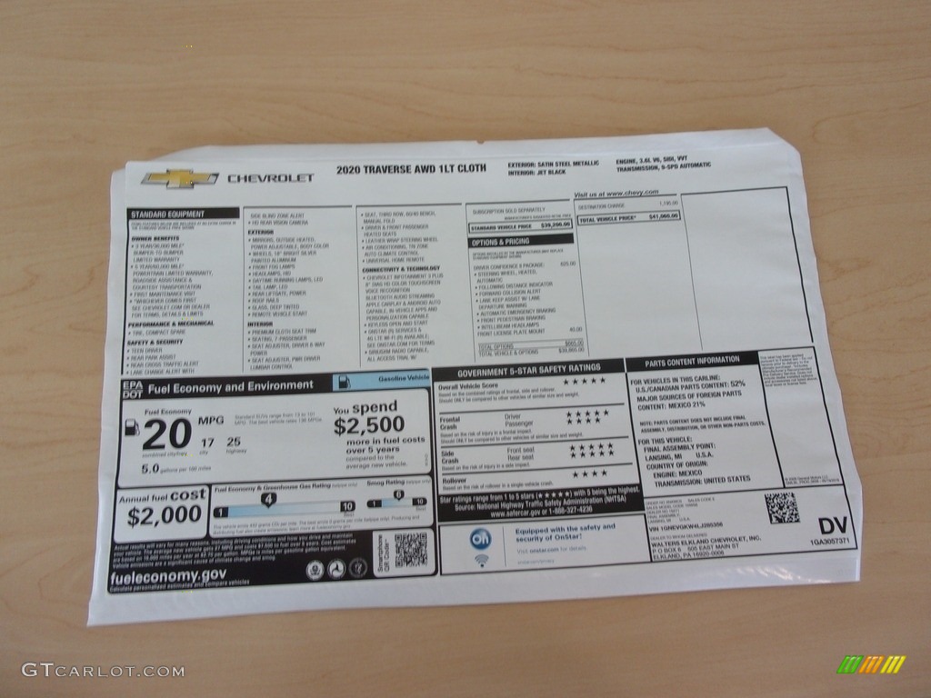 2020 Chevrolet Traverse LT AWD Window Sticker Photo #139167196