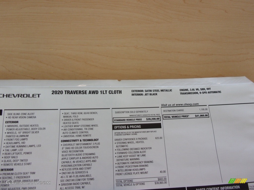 2020 Chevrolet Traverse LT AWD Window Sticker Photo #139167217