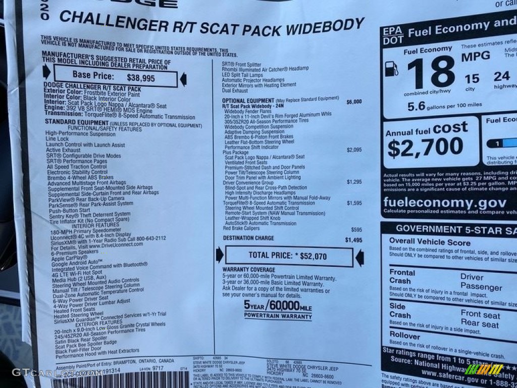 2020 Dodge Challenger R/T Scat Pack Widebody Window Sticker Photo #139170472