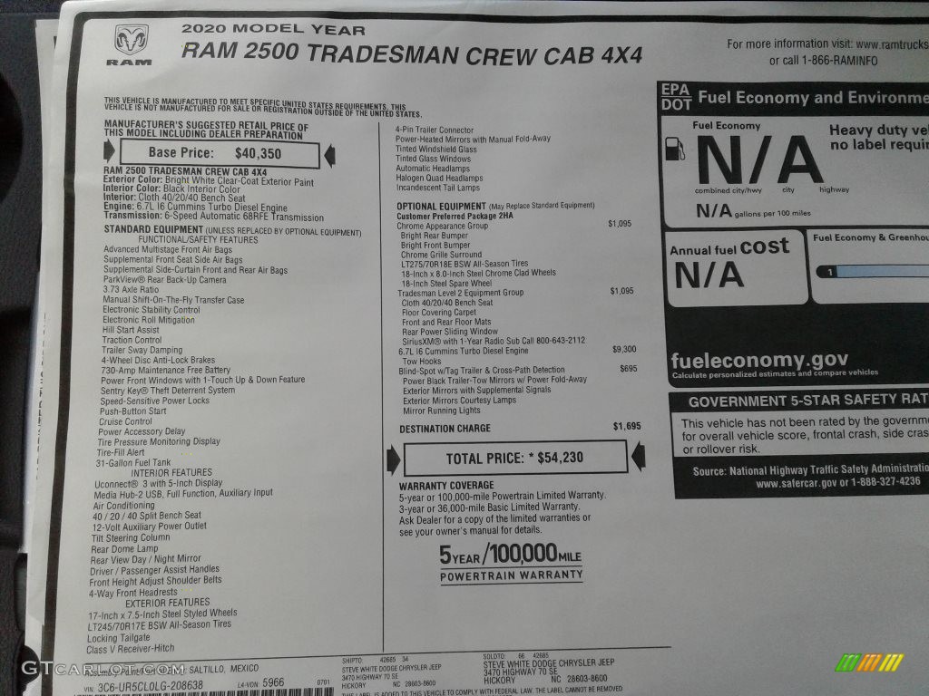 2020 2500 Tradesman Crew Cab 4x4 - Bright White / Black photo #27