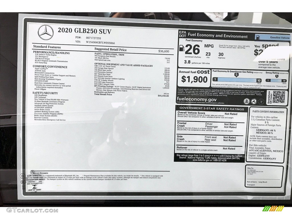 2020 Mercedes-Benz GLB 250 Window Sticker Photo #139189828