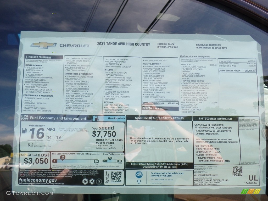 2021 Chevrolet Tahoe High Country 4WD Window Sticker Photo #139210380