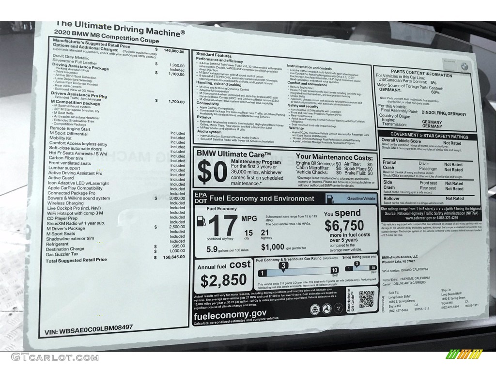 2020 BMW M8 Coupe Window Sticker Photo #139211625