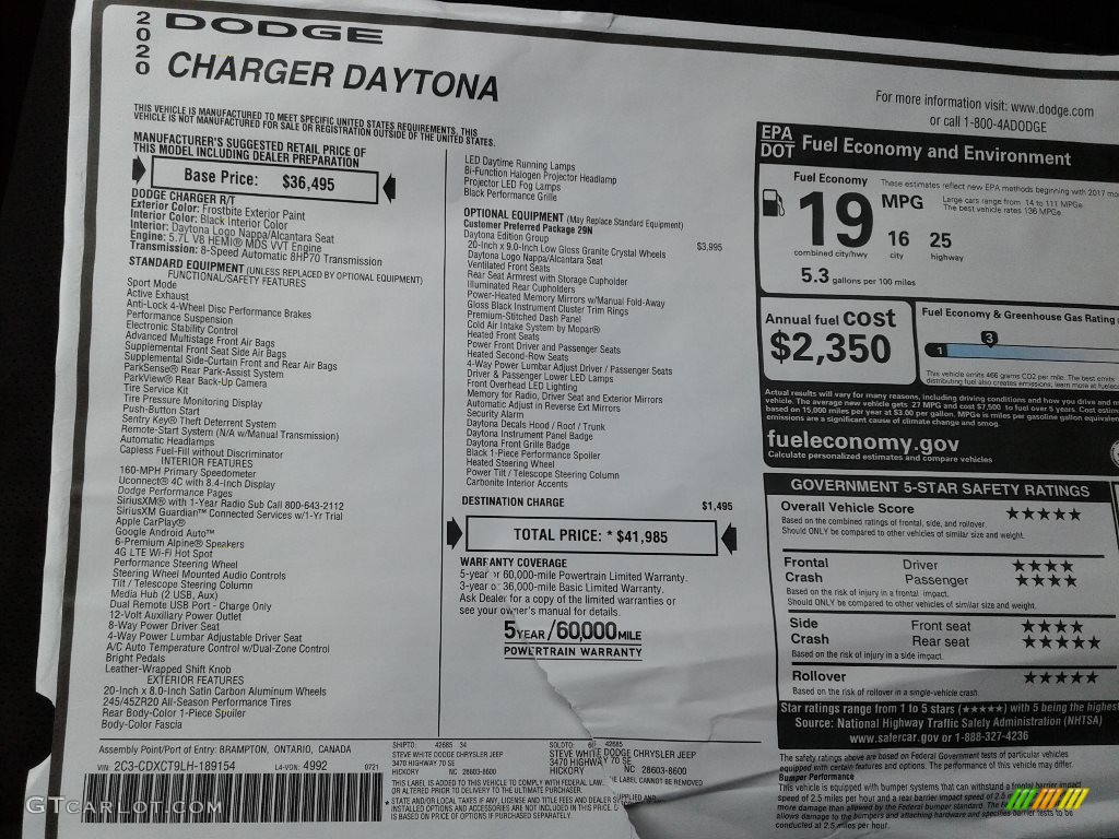 2020 Dodge Charger Daytona Window Sticker Photo #139219143