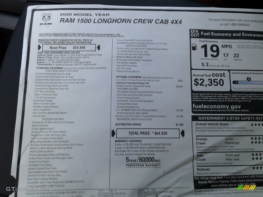 2020 Ram 1500 Longhorn Crew Cab 4x4 Window Sticker Photo #139234145