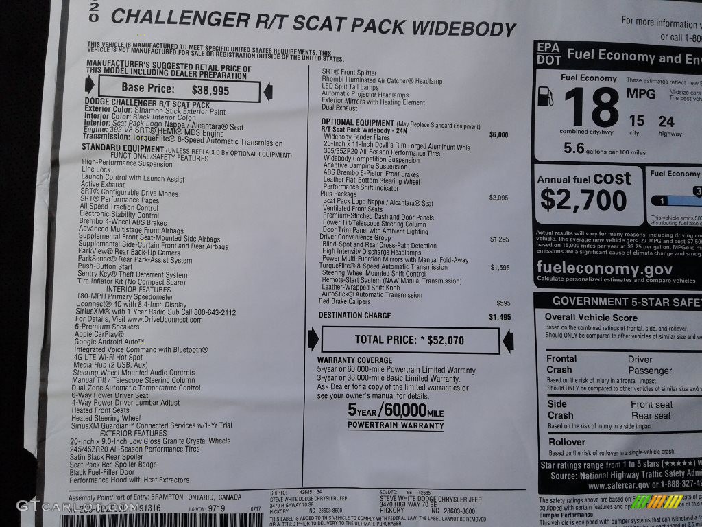 2020 Dodge Challenger R/T Scat Pack Widebody Window Sticker Photo #139235732