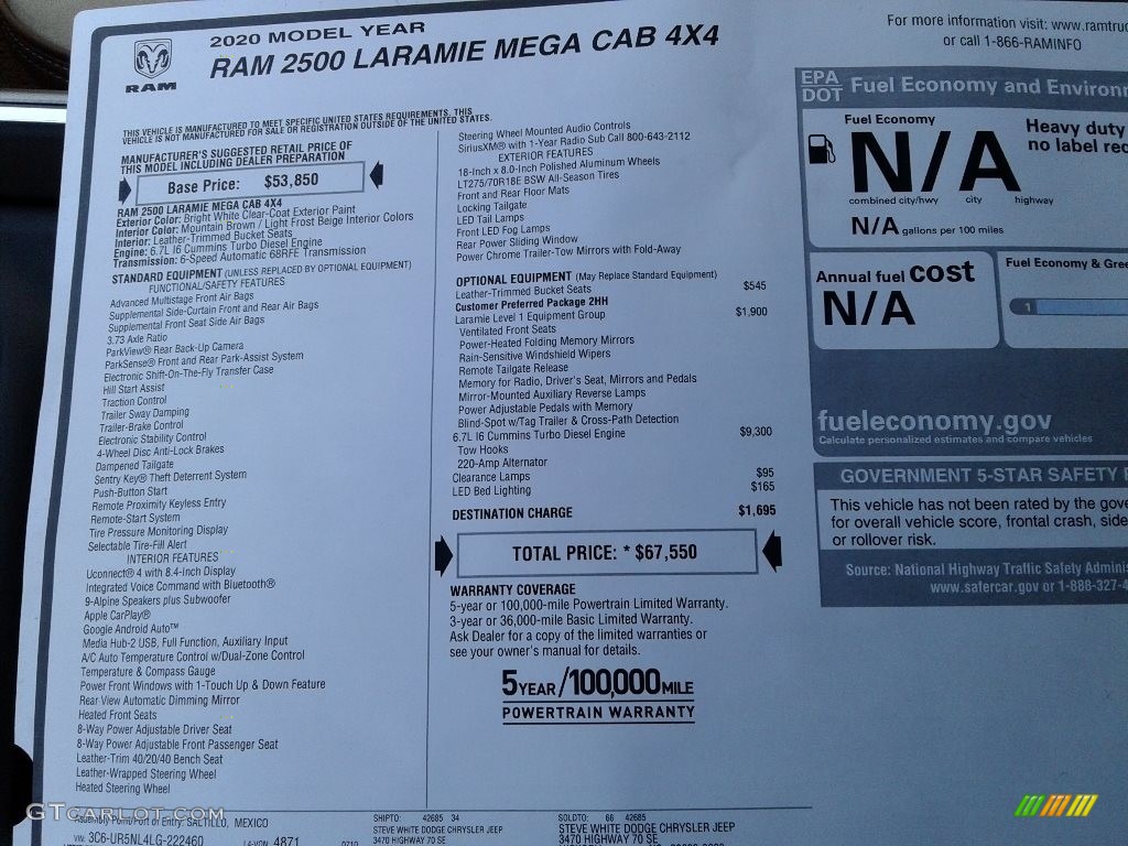2020 2500 Laramie Mega Cab 4x4 - Bright White / Mountain Brown/Light Frost Beige photo #32
