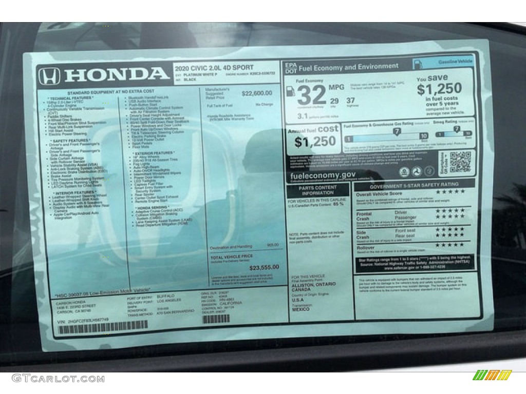 2020 Honda Civic Sport Sedan Window Sticker Photo #139285437