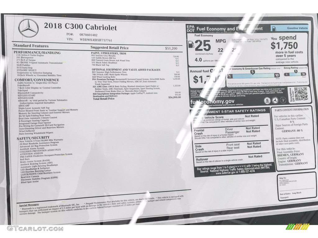 2018 Mercedes-Benz C 300 Cabriolet Window Sticker Photo #139285680