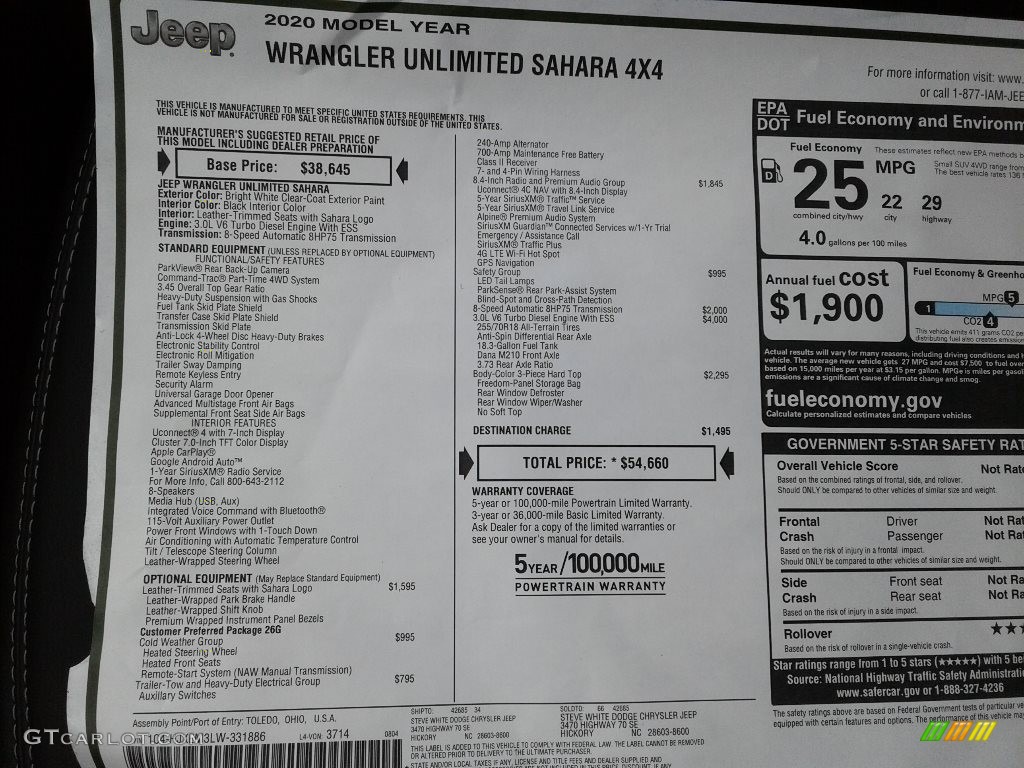 2020 Wrangler Unlimited Sahara 4x4 - Bright White / Black photo #30