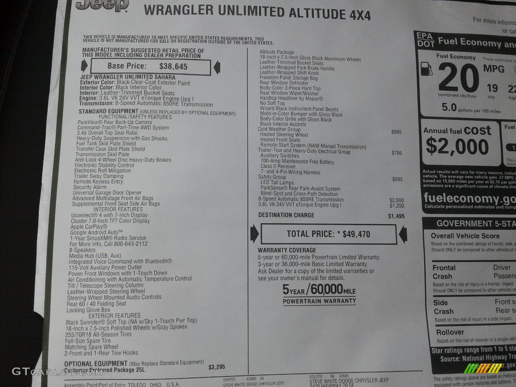 2020 Jeep Wrangler Unlimited Sahara 4x4 Window Sticker Photo #139303048