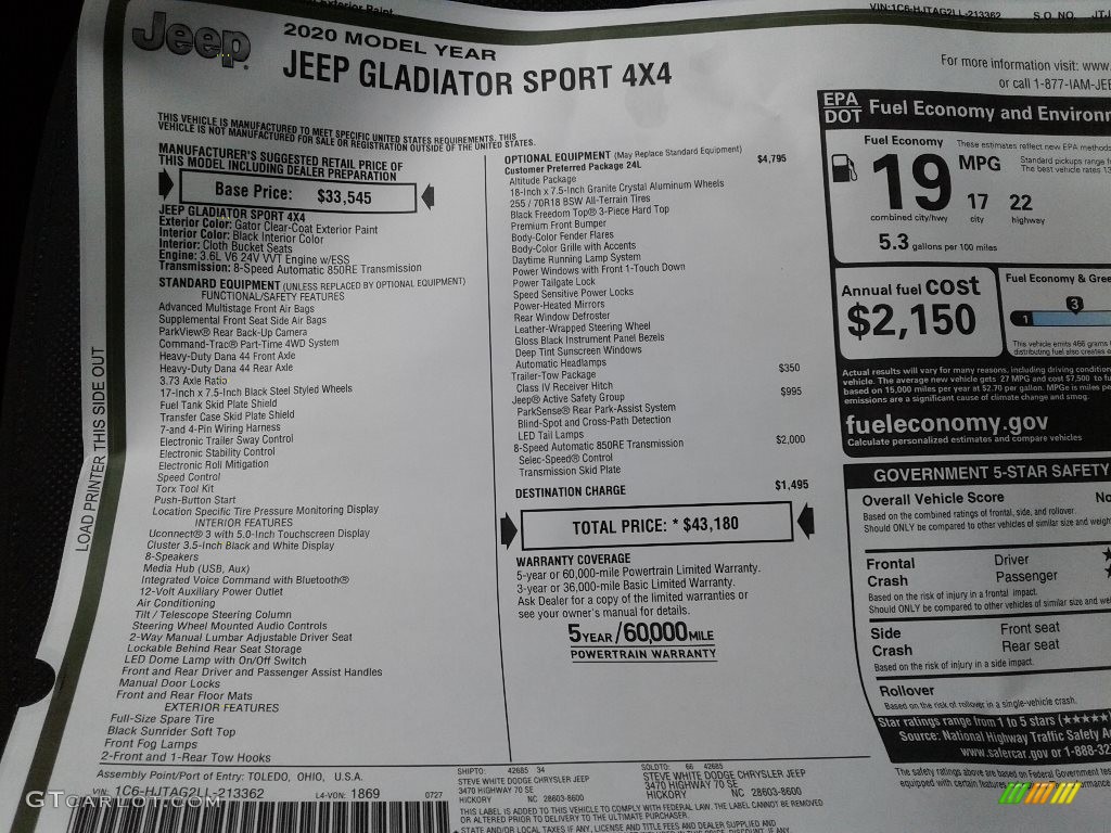 2020 Jeep Gladiator Sport 4x4 Window Sticker Photos