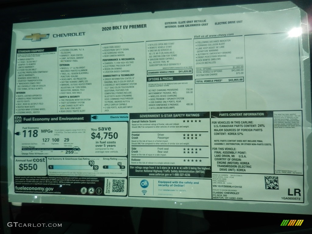 2020 Chevrolet Bolt EV Premier Window Sticker Photos