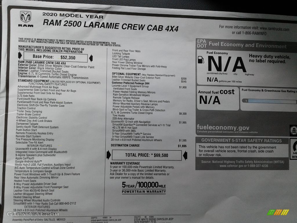 2020 Ram 2500 Laramie Crew Cab 4x4 Window Sticker Photo #139307572