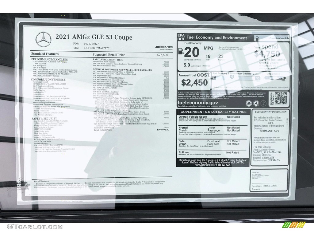 2021 Mercedes-Benz GLE 53 AMG 4Matic Coupe Window Sticker Photo #139310281