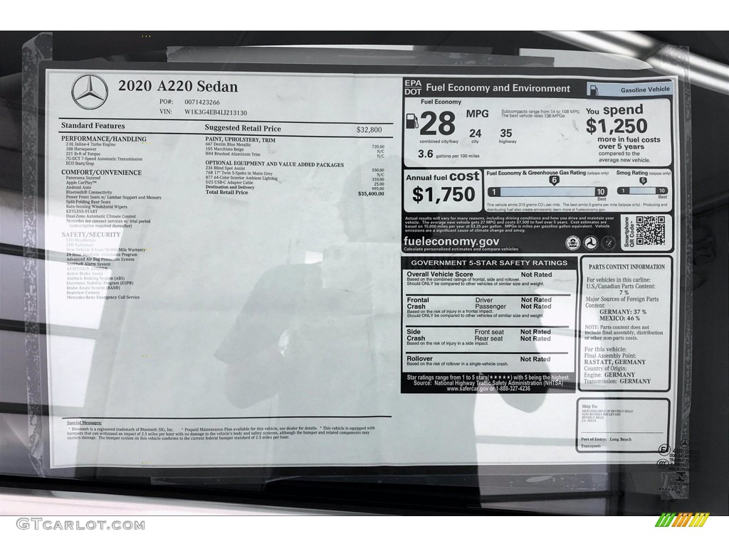 2020 Mercedes-Benz A 220 Sedan Window Sticker Photo #139310914