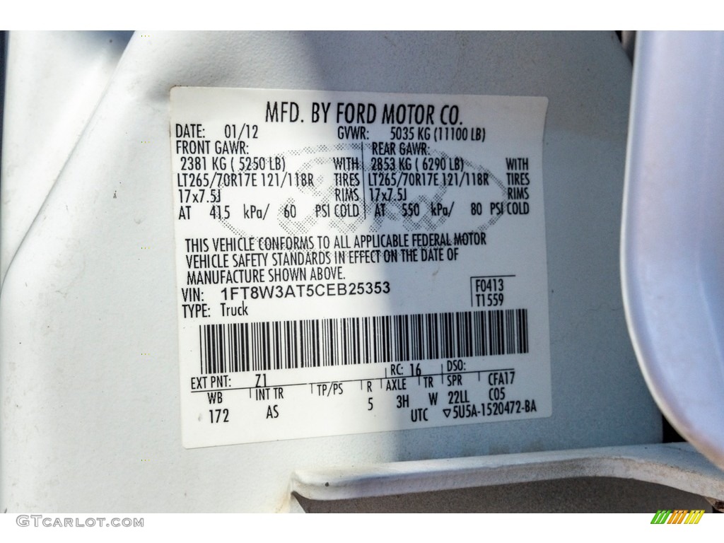 2012 F350 Super Duty Color Code Z1 for Oxford White Photo #139320054