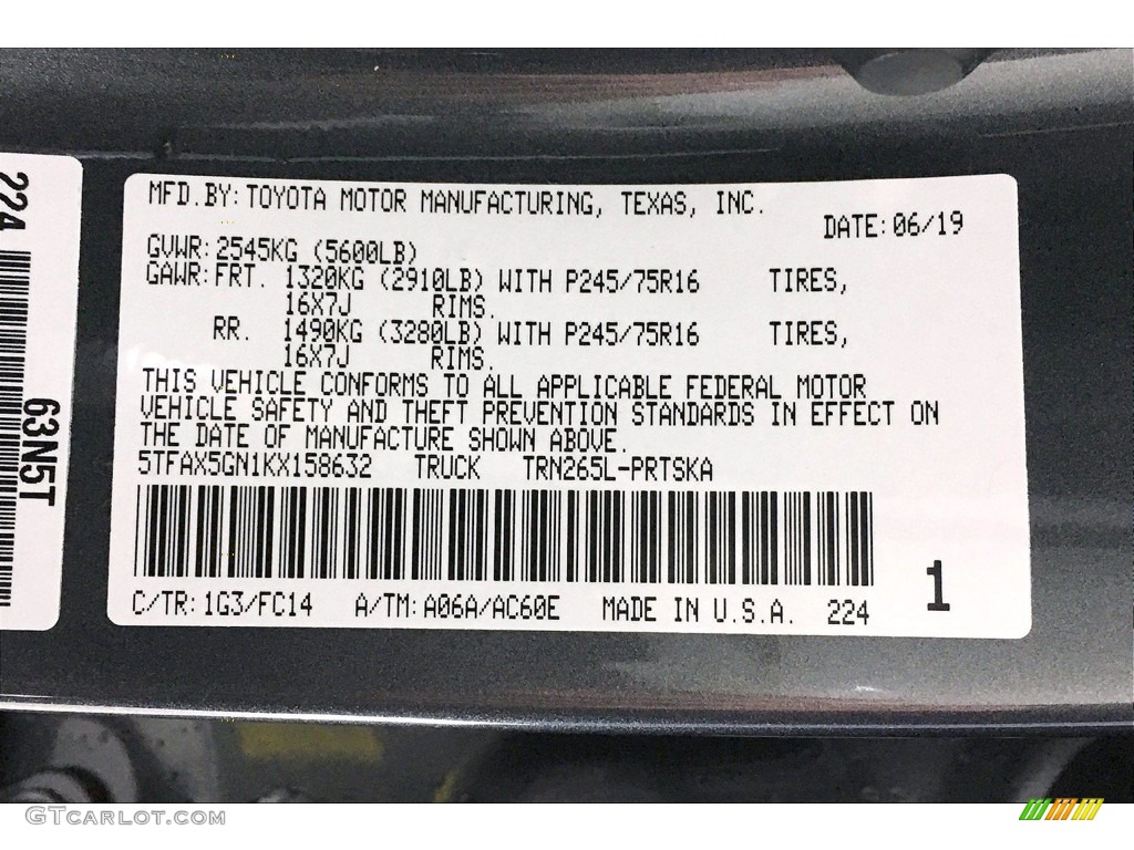 2019 Toyota Tacoma SR Double Cab Color Code Photos
