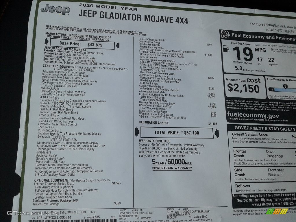 2020 Jeep Gladiator Mojave 4x4 Window Sticker Photo #139375691
