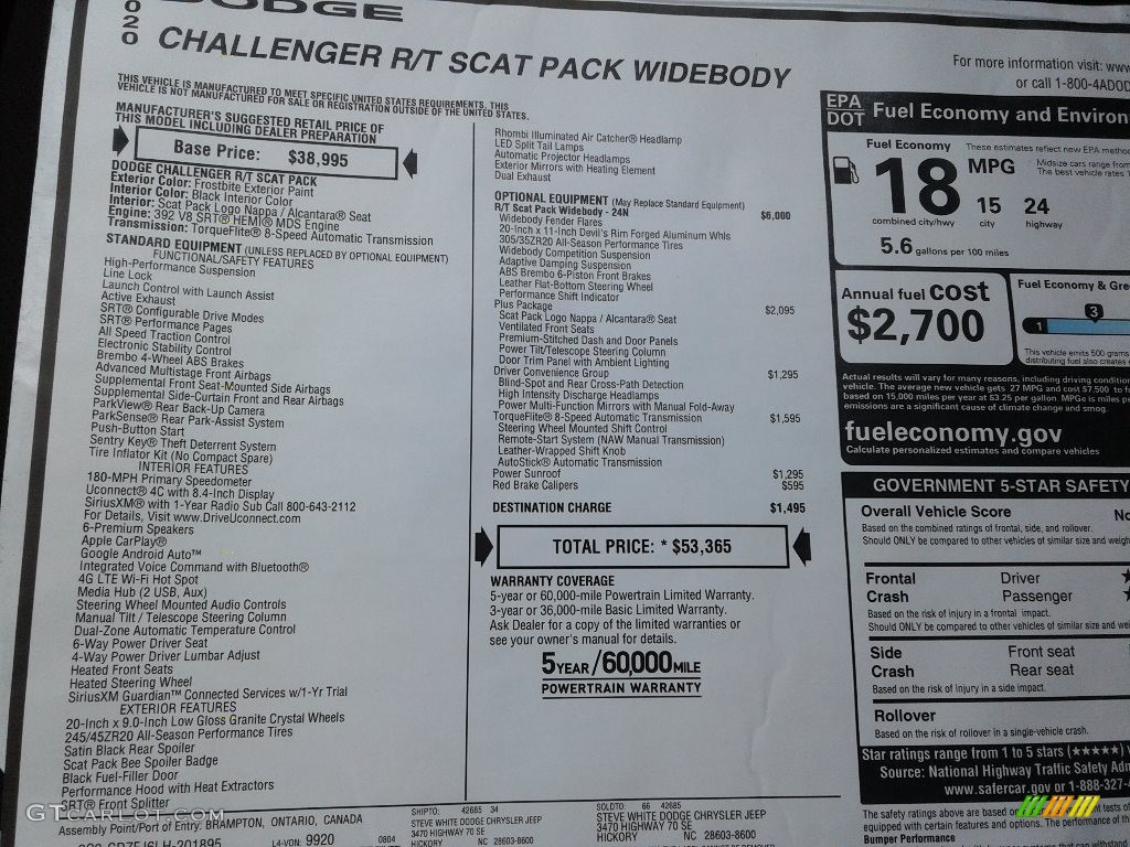 2020 Dodge Challenger R/T Scat Pack Widebody Window Sticker Photo #139378430