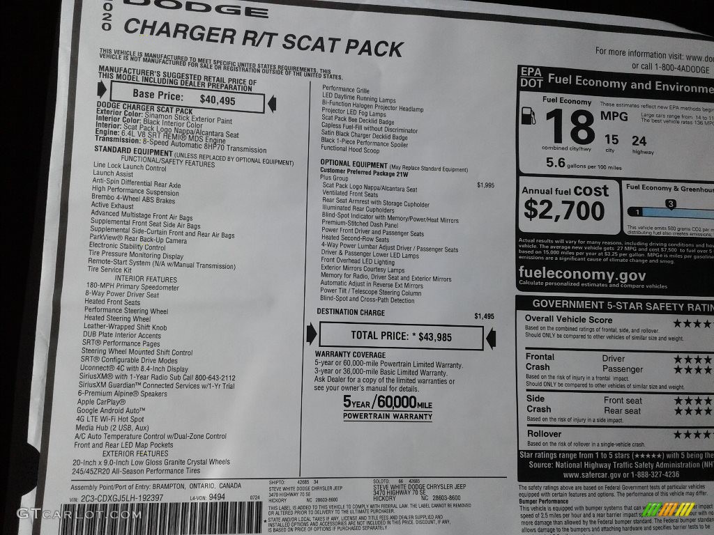 2020 Dodge Charger Scat Pack Window Sticker Photo #139381073