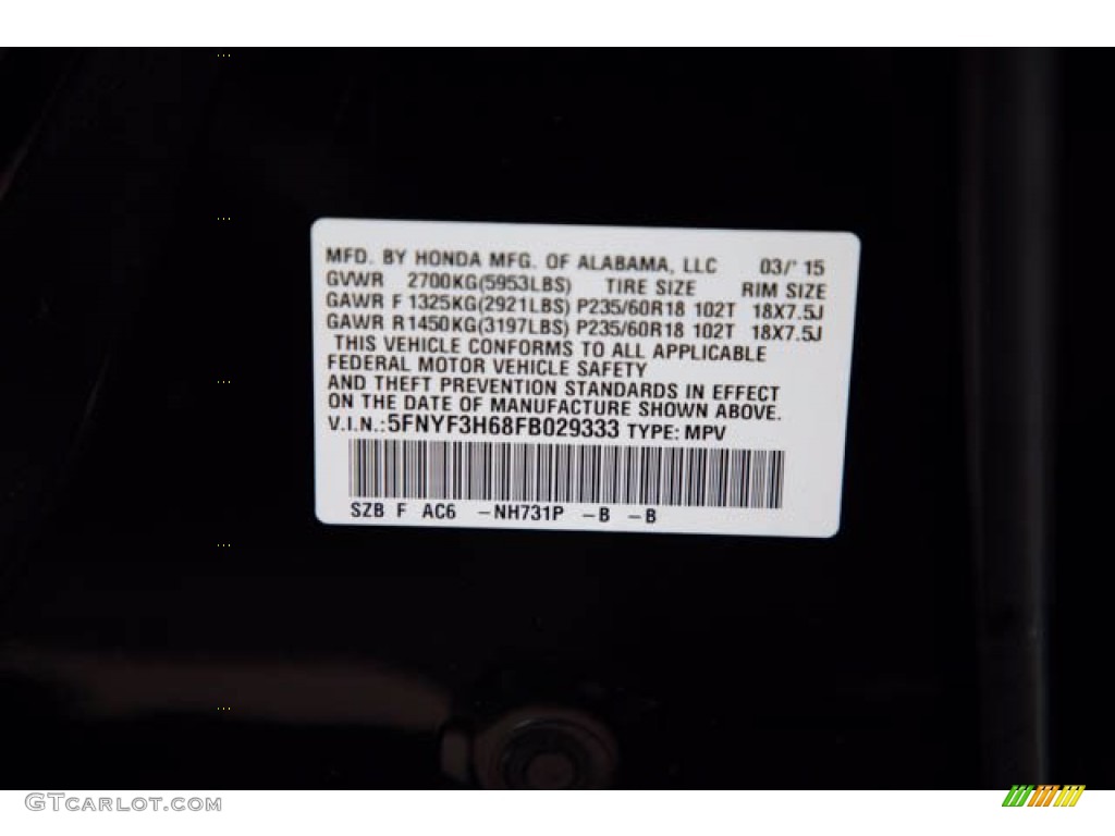2015 Honda Pilot EX-L Color Code Photos