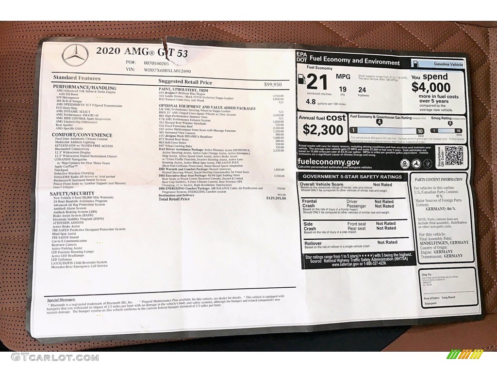 2020 Mercedes-Benz AMG GT 53 Window Sticker Photo #139407428