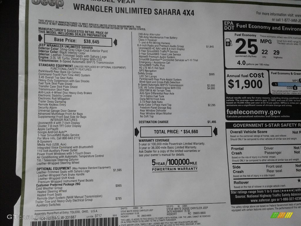 2020 Jeep Wrangler Unlimited Sahara 4x4 Window Sticker Photo #139416377