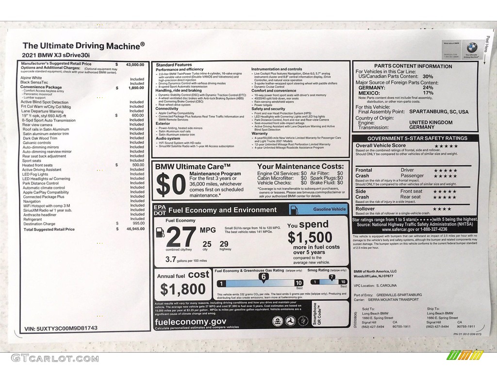 2021 BMW X3 sDrive30i Window Sticker Photo #139435329