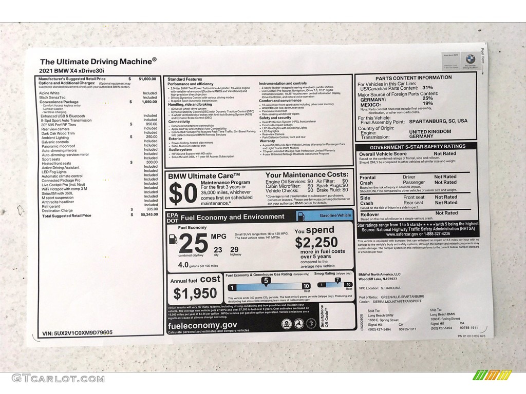 2021 BMW X4 xDrive30i Window Sticker Photo #139435584