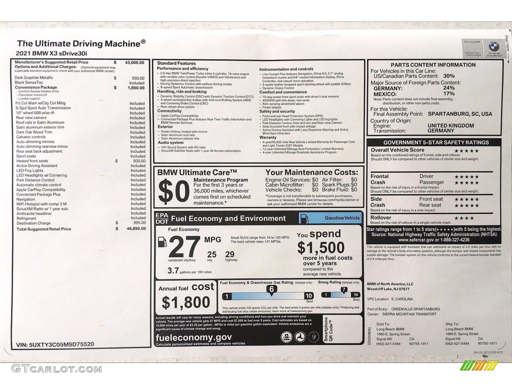 2021 BMW X3 sDrive30i Window Sticker Photo #139435839