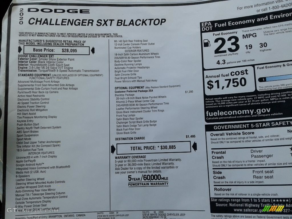 2020 Dodge Challenger SXT Window Sticker Photos