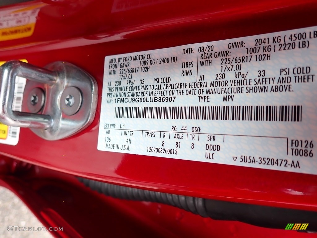 2020 Escape Color Code D4 for Rapid Red Metallic Photo #139448835