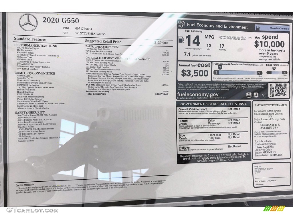2020 Mercedes-Benz G 550 Window Sticker Photo #139450873
