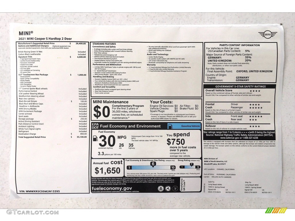 2021 Mini Hardtop Cooper S 2 Door Window Sticker Photo #139463081