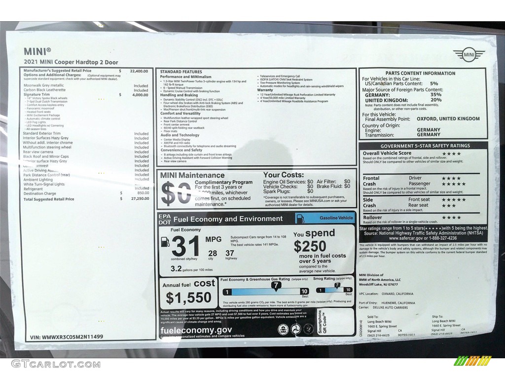 2021 Mini Hardtop Cooper 2 Door Window Sticker Photo #139463534