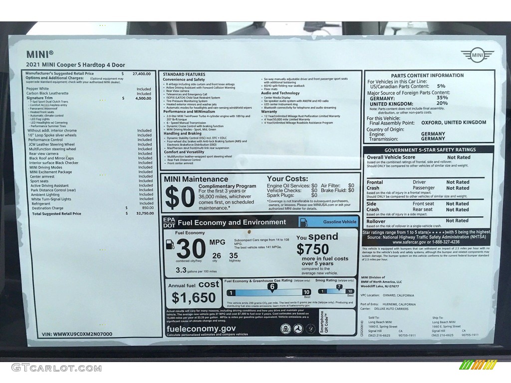2021 Mini Hardtop Cooper S 4 Door Window Sticker Photo #139463999