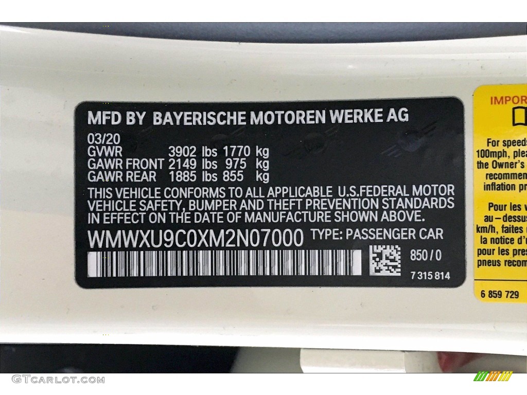 2021 Hardtop Color Code 850 for Pepper White Photo #139464026