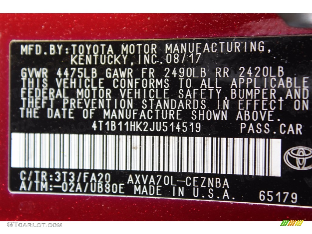 2018 Toyota Camry LE Color Code Photos
