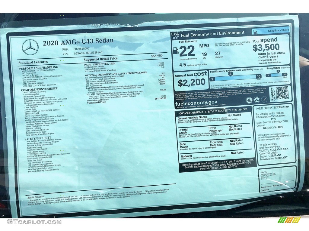 2020 Mercedes-Benz C AMG 43 4Matic Sedan Window Sticker Photo #139464875