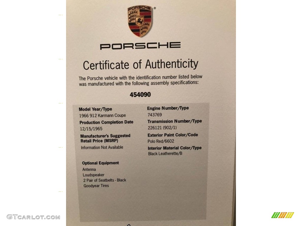 1966 Porsche 912 Karmann Coupe Info Tag Photo #139469117
